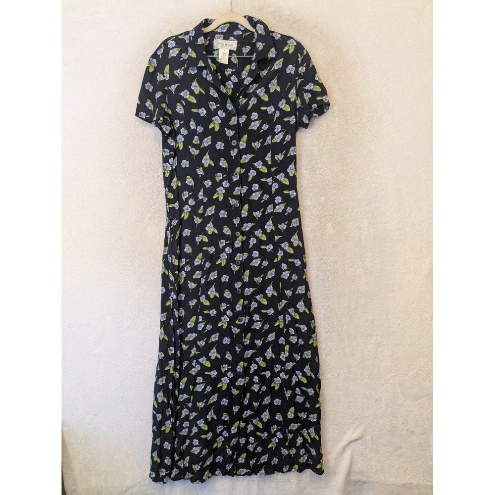 Jones Wear Sport Maxi Dress Women's 8 Navy Blue Floral Button Front Short Sleeve